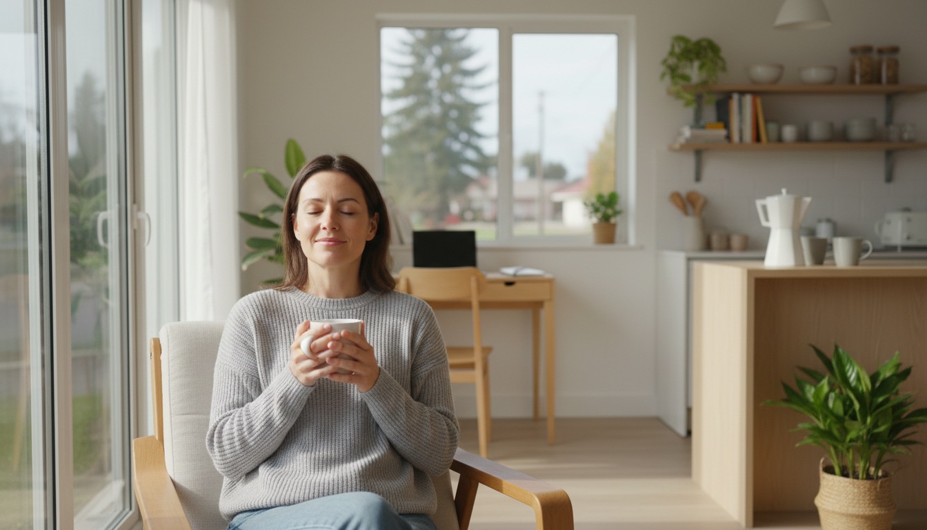 Woman relaxing in a calm, organized home
